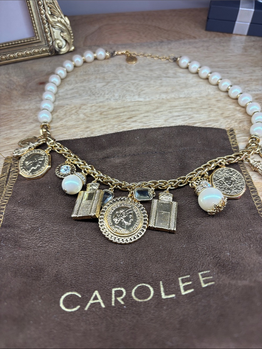 Carolee Gold-Tone Coin Charm Necklace with Cream Pearl Beads